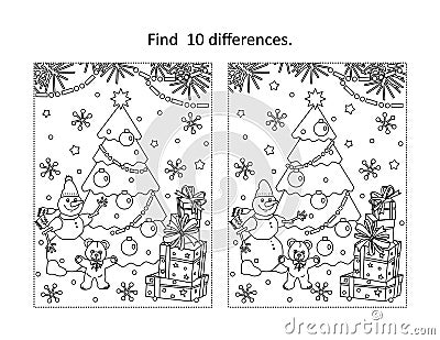 Winter holidays, New Year or Christmas find ten differences game Vector Illustration