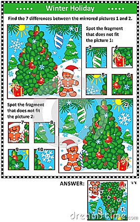 Winter holidays picture puzzles with christmas tree Vector Illustration