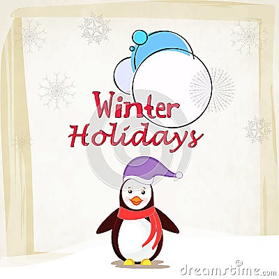 Winter holidays poster with penguine. Stock Photo