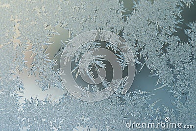 Winter Holidays Season Fantasy World Concept: Macro Image Of A Frosty Window Glass Natural Ice Patterns With Copy Space Stock Photo