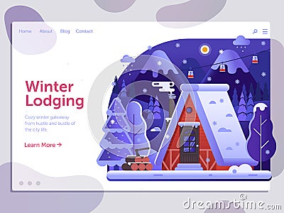 Winter Holidays on Ski Lodge Cabin Banner Vector Illustration