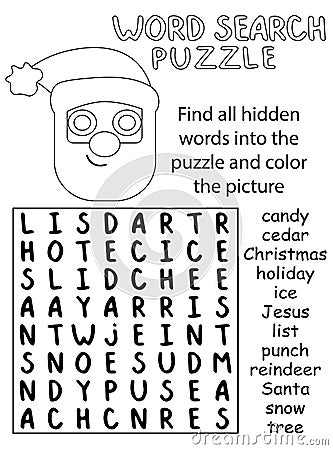 Winter holidays word search puzzle black and white activity page vector Vector Illustration