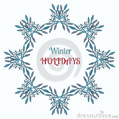 Winter holidays wreath and ornament decoration. Merry Christmas wish greeting card design and vintage frame background Vector Illustration