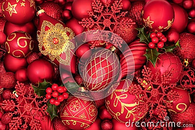 Winter Holly and Christmas Tree Baubles Stock Photo