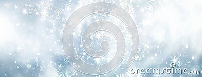 Winter horizontal banner.Christmas backdrop. Blue snowflakes bokeh. Holiday seasonal background Stock Photo