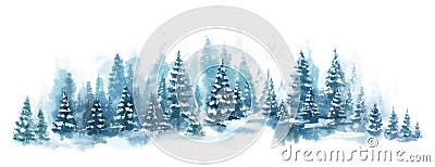 Winter horizontal landscape with snowy background. Watercolor vector Illustration on white background. Blue forest in Vector Illustration