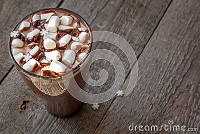 Winter hot cocoa with marshmallows, chocolate syrup Stock Photo