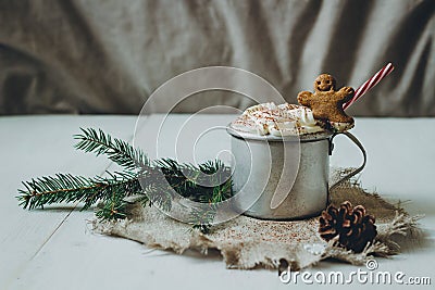 Winter hot drink with gingerbread men cookie and fir branch on the wooden white table Stock Photo