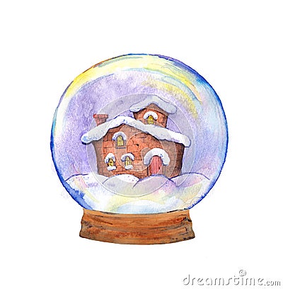 Winter house in Christmas snowglobe. Watercolor ball, snow, globe with xmas landscape Stock Photo