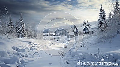 Photoreal Winter Cottage In Quebec Province: Norwegian Nature Style Stock Photo