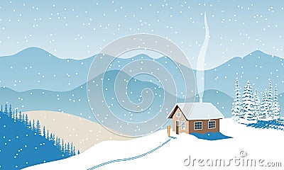 Winter with house, distant mountains, skies, snow, Snow flurry, sun light, chimney smoke, forest, ski run. Snow flurry, Fir tree. Cartoon Illustration