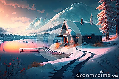 Winter house lake mountain holiday season. Snowy background cozy countryside Christmas Generative AI Stock Photo