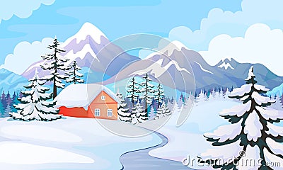 Winter house landscape. Rural scene with snowy mountains, spruce trees and wooden house. Vector winter holiday Vector Illustration