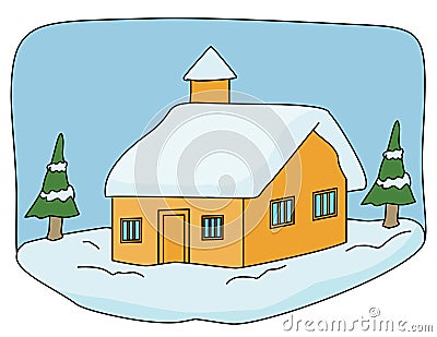 Winter house pine trees and snowy background clip art illustration Vector Illustration