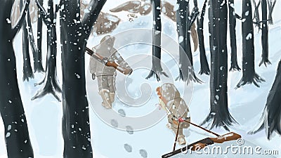 Digital drawing. Winter hunting. Stock Photo