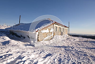 Winter hut in Ural mountains.Russia,taiga,siberia. Stock Photo