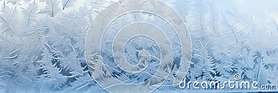 Winter iced pattern on frozen window glass, macro frosty crystals ornament. Long banner Stock Photo
