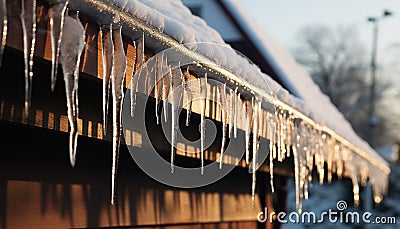 Winter icy roof melts, revealing nature frozen crystal patterns generated by AI Stock Photo