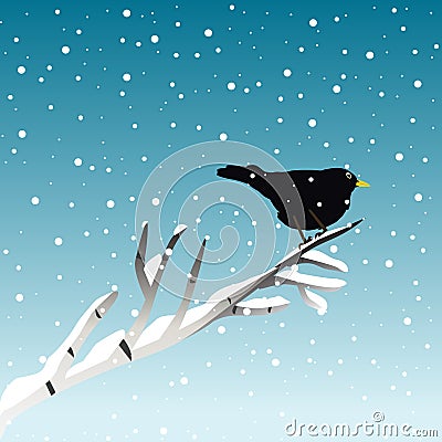 Winter illustration with blackbird on branch Vector Illustration