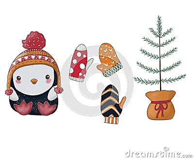 Winter Illustration with cute animals Stock Photo