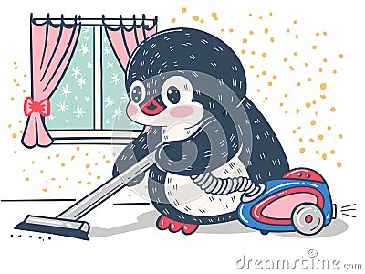 Winter illustration with funny cartoon penguin Vector Illustration