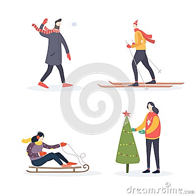 Winter illustration peoples: man in scarf plays snowballs, skier, girl on sledding, woman decorates Christmas tree. Vector Illustration