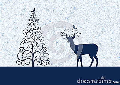 Winter illustration with silhouettes Christmas tree, reindeer and birdies Stock Photo