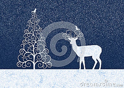 Winter illustration with silhouettes Christmas tree, reindeer and birdies Stock Photo