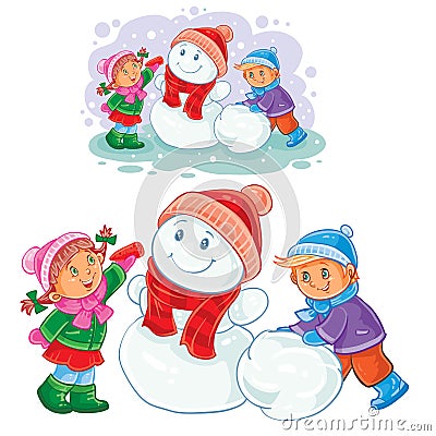 Winter illustration of small children make snowmen. Vector Illustration