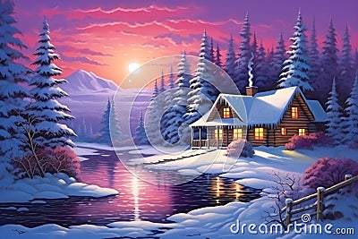 Winter illustration with a warmly lit wooden cabin beside a lake, with snow-covered pine trees and a vibrant sunset Cartoon Illustration
