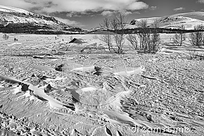 Winter impression in black and white - A lonely hut between snow and ice in the mountains of Norway Stock Photo