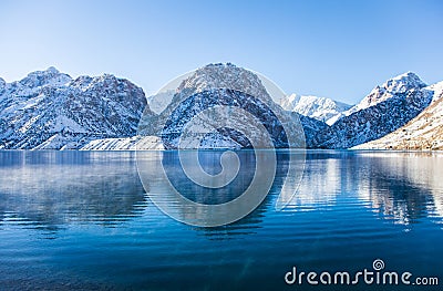 Winter Iskanderkul lake, Fann mountains, Tajikistan Stock Photo