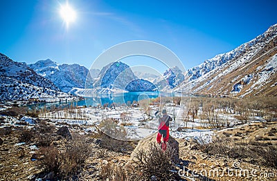 Winter Iskanderkul lake, Fann mountains, Tajikistan Editorial Stock Photo