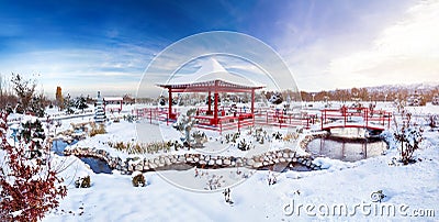 Winter Japanese garden in Almaty Stock Photo