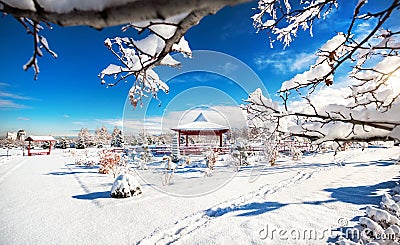 Winter Japanese garden in Almaty Stock Photo