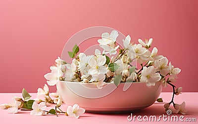 Winter Jasmine White Bowl Pink Background -Generative Ai Stock Photo