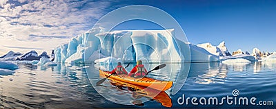 Winter kayaking in ice antartica. Frozen sea and glaciers around Stock Photo