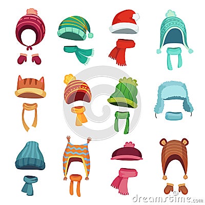 Winter kids hat. Warm childrens hats and scarves. Headwear and accessories for boys and girls cartoon vector set Vector Illustration