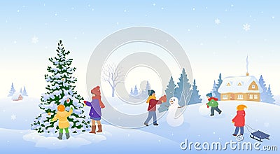 Winter kids in a village Vector Illustration