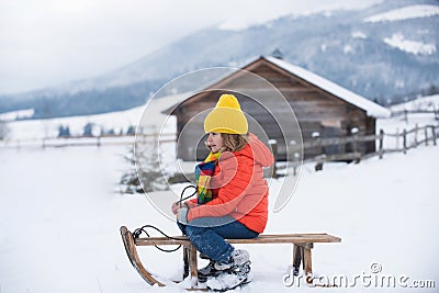 Winter knitted kids clothes. Boy sledding in a snowy forest. Stock Photo