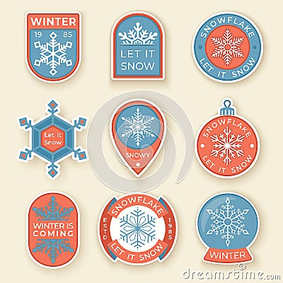 Winter labels and badges elements. Set of Christmas and holidays objects and symbols. Collection of snowflakes badges Vector Illustration