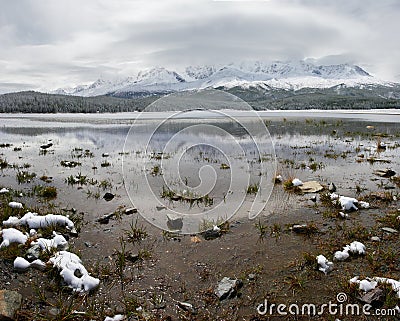 Winter lake and mountains. Stock Photo