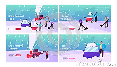 Winter Landing Page Template Set. Happy Characters Shoveling, Removing Snow from Street Using Shovels and Snowblower Vector Illustration