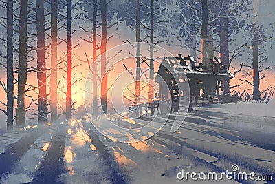 Winter landscape of an abandoned house in the forest Cartoon Illustration