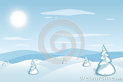 Winter landscape background. Blue mountains snowy hills and pines on foreground. Frosty sunny day. Christmas and New Year Vector Illustration