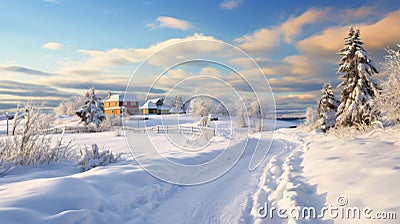 Winter Landscape In Baie-comeau: Cozy Home Amidst Snowy Countryside Stock Photo