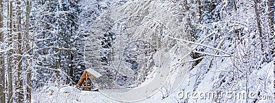 Winter landscape, banner - view of the snowy road in the winter mountain forest Stock Photo