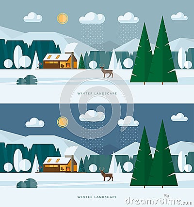 Winter landscape banners. Snowy village and nature Vector Illustration