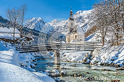 Winter landscape in the Bavarian Alps with church, Ramsau, Germany Stock Photo