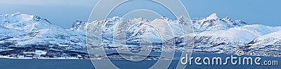 Winter Landscape, Beautiful Panorama Of Mountain Covered With Snow and Norway Fjord, Tromso, Norway Stock Photo